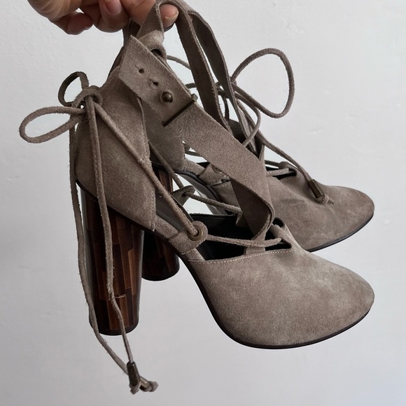 FREE PEOPLE SUEDE NOUVELLA WRAP HEELS IN Taupe - Picture 2 of 13